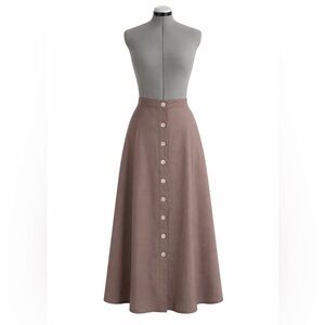 CottageCore Button-Front A-Line Linen Maxi Skirt in Taupe Brown | Fully Lined